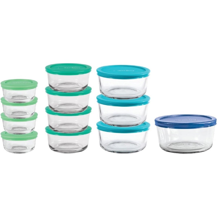 Anchor Hocking Classic 24 Piece Round Glass Food Storage Set with Mixed Blue Lids