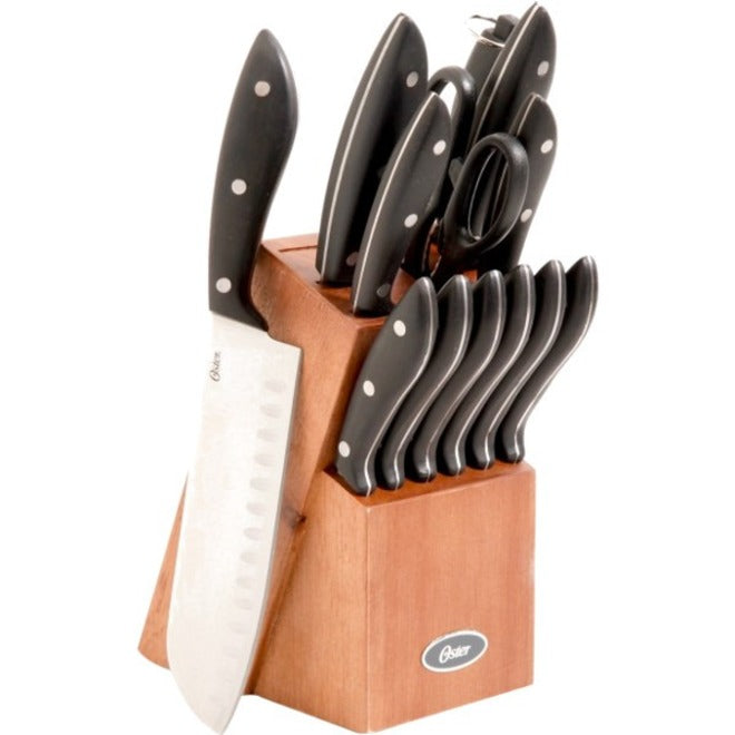 Oster Huxford 14-Piece Cutlery Set with Dark Wood Cutlery Block, Black