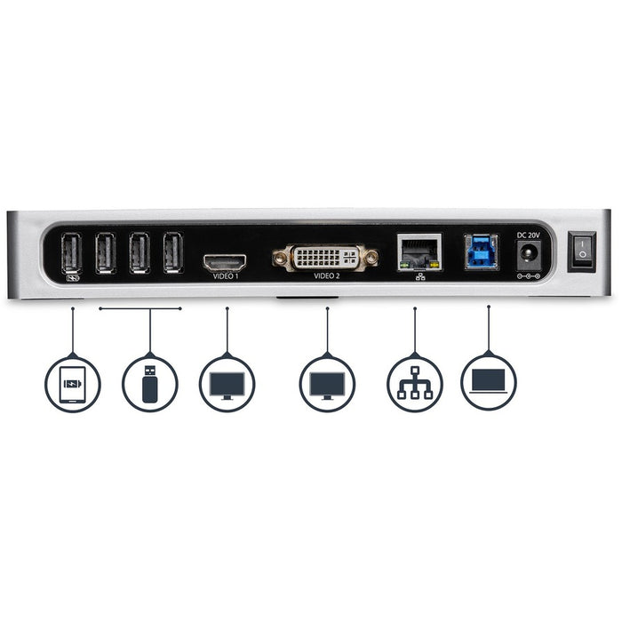 Star Tech.com USB 3.0 Docking Station - Dual Monitor Laptop Dock with HDMI & DVI/VGA - 6x USB Type-A Hub, GbE - Universal Windows & Mac