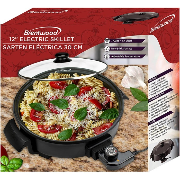 Brentwood SK-67BK 12-Inch Round Non-Stick Electric Skillet with Vented Glass Lid, Black