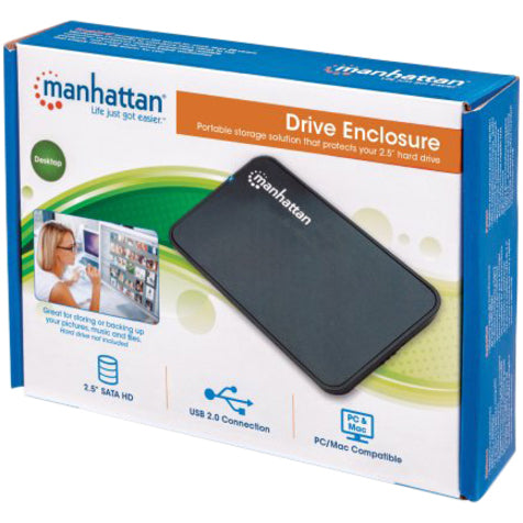 Manhattan Drive Enclosure, 2.5" , USB-A, 480 Mbps (USB 2.0), SATA, Black, Sturdy, Plastic, Hi-Speed USB, Windows or Mac, Three Year Warranty, Boxed