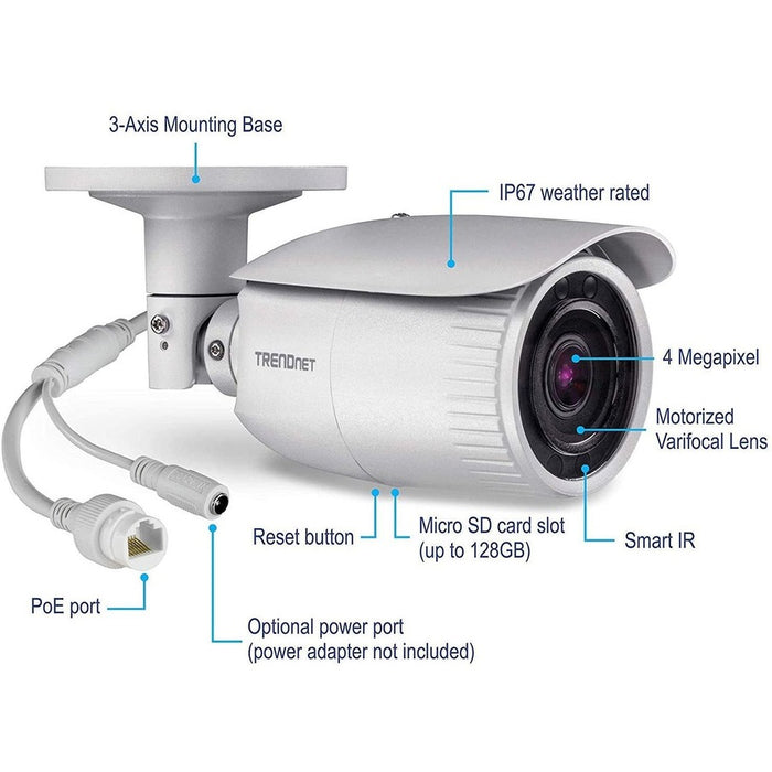 TRENDnet Indoor/Outdoor 4 MP, Motorized Varifocal PoE IR Network Camera, Auto-Focus, Optical Zoom, Digital WDR, Night Vision up to 98ft, IP66 Rated Housing, ONVIF, IPv6, TV-IP344PI
