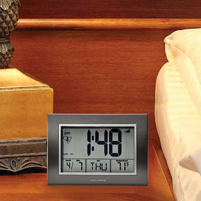 AcuRite 7-inch Atomic Alarm Clock with Date, Day of Week and Temperature