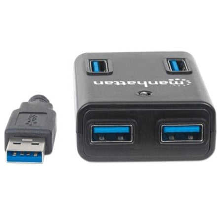 Manhattan USB-A 4-Port Hub, 4x USB-A Ports, 5 Gbps (USB 3.2 Gen1 aka USB 3.0), AC or Bus Power, Fast charge up to 0.9A per port with inc power adapter, SuperSpeed USB, Black, Three Year Warranty, Blister (With Euro 2-pin plug)