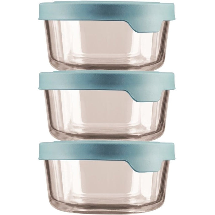 Anchor Hocking TrueSeal Round Glass Food Storage with Mineral Blue Lid, 4 Cups, Set of 3