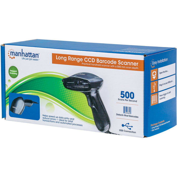 Manhattan Long Range CCD Handheld Barcode Scanner, USB, 500mm Scan Depth, Cable 1.5m, Max Ambient Light 30,000 lux (sunlight), Black, Three Year Warranty, Box