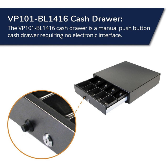 apg Manual 13.8" Point of Sale Cash Drawer | Vasario Series VP101-BL1416 | Push-Button Operation | Plastic Till with 4 Bill/ 5 Coin Compartments | Black