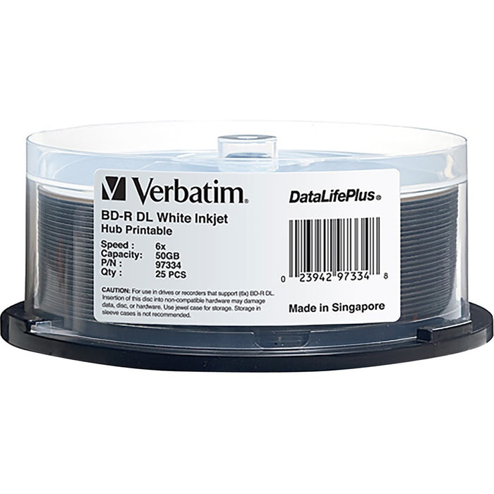 Verbatim BD-R DL 50GB 6X DataLifePlus White Inkjet Printable, Hub Printable - 25pk Spindle