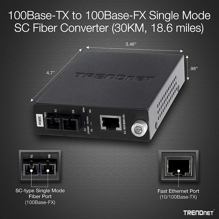 TRENDnet 100Base-TX to 100Base-FX Single Mode SC Fiber Media Converter (30 Km /18.6 Miles); Auto-Negotiation;Full-Duplex Mode; RJ-45 port; Fiber to Ethernet Converter; Lifetime Protection; TFC-110S30