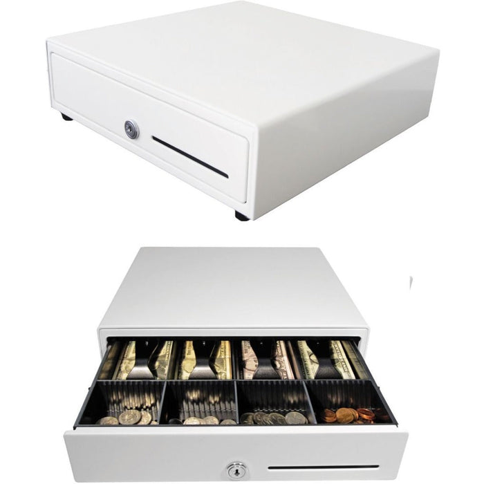 apg Standard- Duty 13&acirc;&euro;� Electronic Point of Sale Cash Drawer | Vasario Series VB320-1-AW1313-B27 | with CD-101A Cable | Printer Compatible | Plastic Till with 4 Bill/ 4 Coin Compartments | White