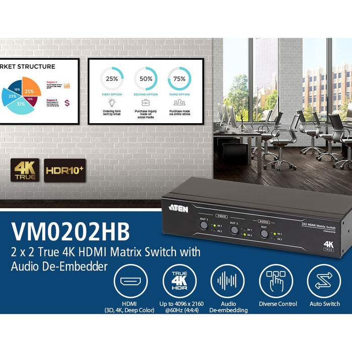 ATEN 2 x 2 True 4K HDMI Matrix Switch with Audio De-Embedder
