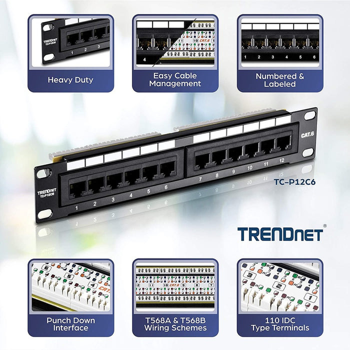 TRENDnet 12-Port Cat6 Unshielded Patch Panel, TC-P12C6, 10 Inch Wide, 12 x Gigabit RJ-45 Ethernet Ports, Metal Housing, 250MHz Connection, Color-coded labeling for T568A & T568B Wiring, Port Labels