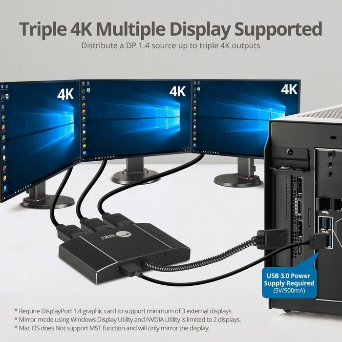 8K 1x3 DisplayPort 1.4 to DisplayPort MST Hub Splitter