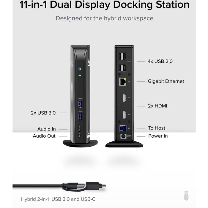Plugable Hybrid USB-C & USB 3.0 Dual Monitor Laptop Docking Station, Windows and Mac Compatible