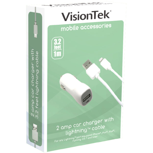 VisionTek 2 amp car charger with 3.2 foot lightning cable WHITE