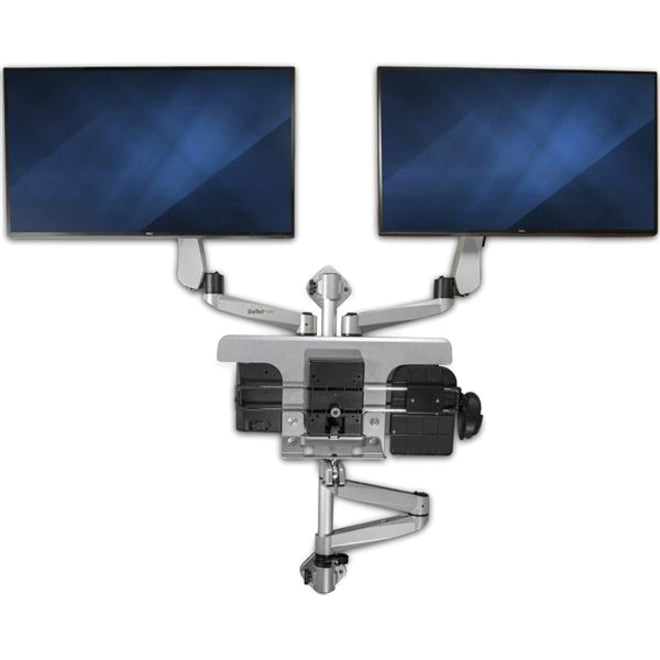 StarTech.com Wall Mount Workstation - Foldable Ergonomic Standing Desk - Height Adjustable Dual 30" VESA Monitor Arm & Keyboard/Mouse Tray