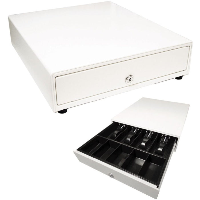 apg Standard- Duty 13.8" Point of Sale Cash Drawer | Vasario Series VP320-1-AW1416 | with CD-101A Cable | MultiPRO 320 Interface | Plastic Till with 4 Bill/ 5 Coin Compartments | Printer Driven |White