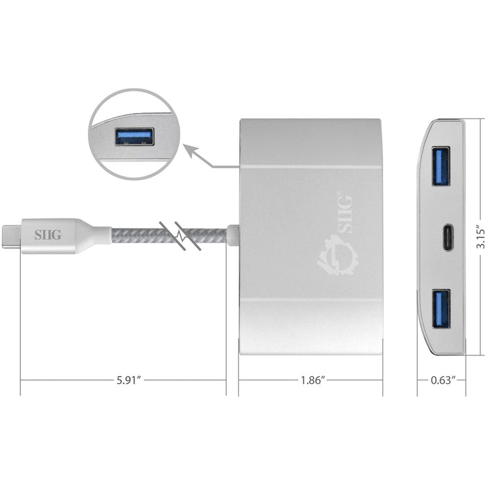 SIIG USB-C to 4-Port USB 3.0 Hub with PD Charging - 3A/1C