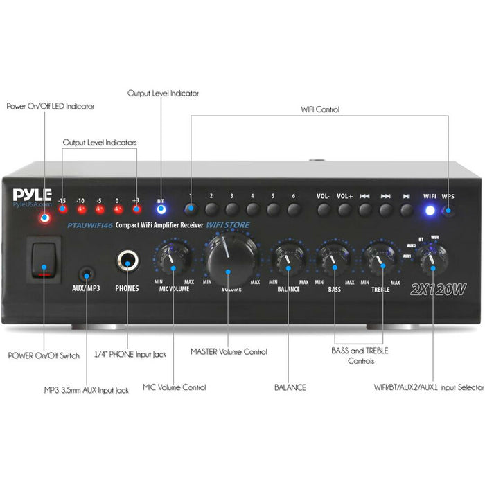 Pyle PTAUWIFI46 Amplifier - 240 W RMS - 2 Channel - Black