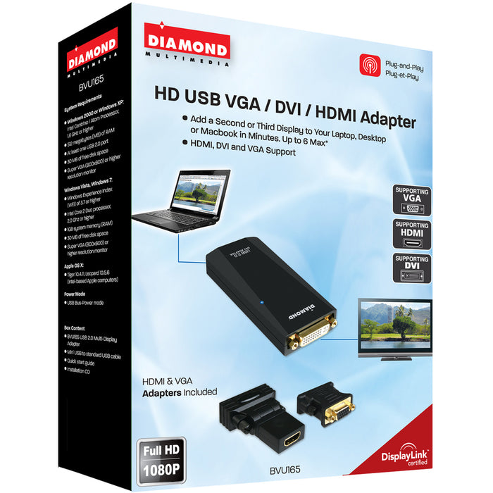 DIAMOND USB 2.0 to VGA / DVI / HDMI Video Graphics Adapter - 1 x Female USB - 1 x DVI Female Video - 1920 x 1080 Supported - Black