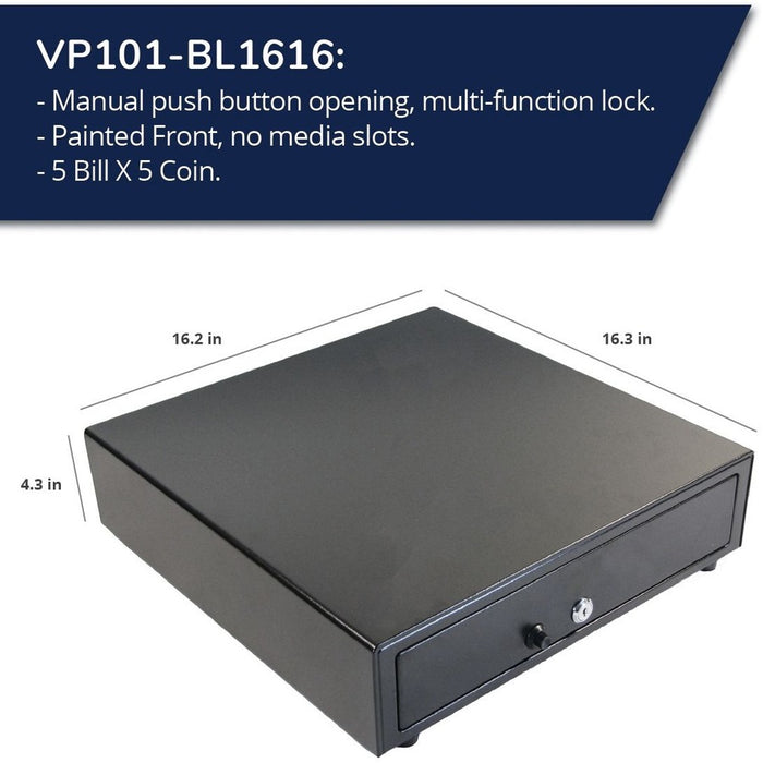 apg Manual 16.2" Point of Sale Cash Drawer | Vasario Series VP101-BL1616 | Push-Button Operation | Plastic Till with 5 Bill/ 5 Coin Compartments | Black