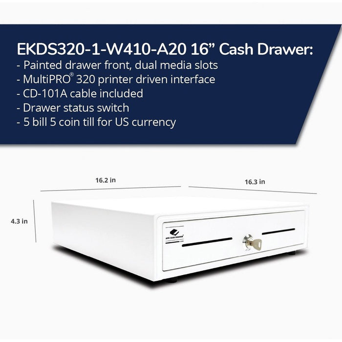 APG Entry Level- 16" Electronic Point of Sale Cash Drawer | Arlo Series EKDS320-1-W410-A20 | Printer Compatible with CD-101A Cable Included | Plastic Till with 5 Bill/ 5 Coin Compartments | White