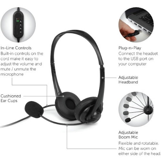 Aluratek Wired USB Stereo Headset with Noise Reducing Boom Mic and In-Line Controls