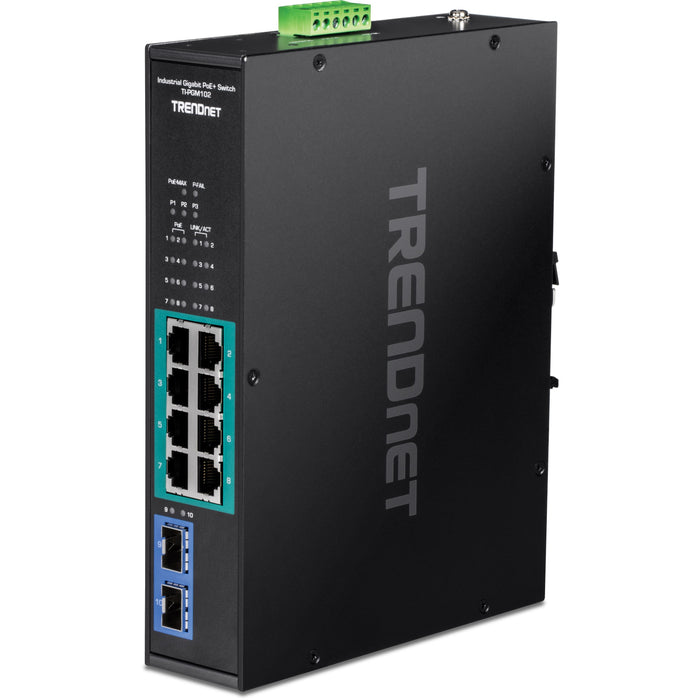TRENDnet 10-Port Industrial Gigabit PoE+ Switch, Extreme Temperature Range -20&deg; - 65&deg;C (-4&deg; - 149&deg;F), DINRail Switch, 50-55V DC, 8 x Gigabit PoE+ Ports, 2 x Gigabit SFP Slots, TI-PGM102, Black
