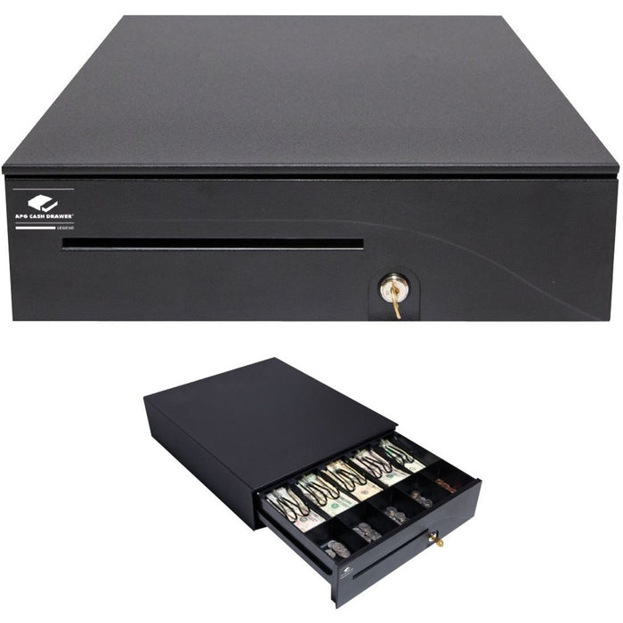 apg Heavy-Duty 16" Point of Sale Cash Drawer | Series 100 T320-1-BL1616 | MultiPRO 320 Interface with CD-101A Cable | Printer Driven | | Plastic Till with 5 Bill/ 5 Coin Compartments | Black with Painted Front