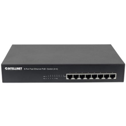 Intellinet 8-Port Fast Ethernet PoE+ Switch, 4 x PoE IEEE 802.3at/af Power-over-Ethernet (PoE+/PoE) ports, 4 x Standard RJ45 Ports, Endspan, Desktop, 19" Rackmount (With C14 2 Pin Euro Power Cord), Box