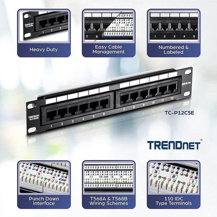 TRENDnet 12-Port Cat5/5e Unshielded Patch Panel, TC-P12C5E, Wallmount or Rackmount, 10 Inch Wide, 12 x Gigabit RJ-45 Ethernet Ports, 100 Mhz Connection, Color Coded Labeling, 110 IDC Terminal Blocks