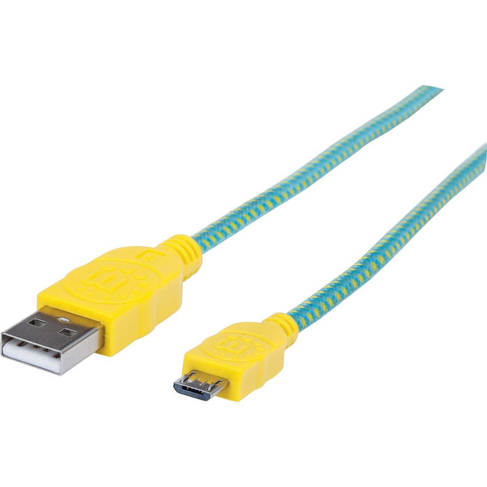 Manhattan Braided USB 2.0 A Male / Micro-B Male, 3 ft., Teal/Yellow - Retail Package