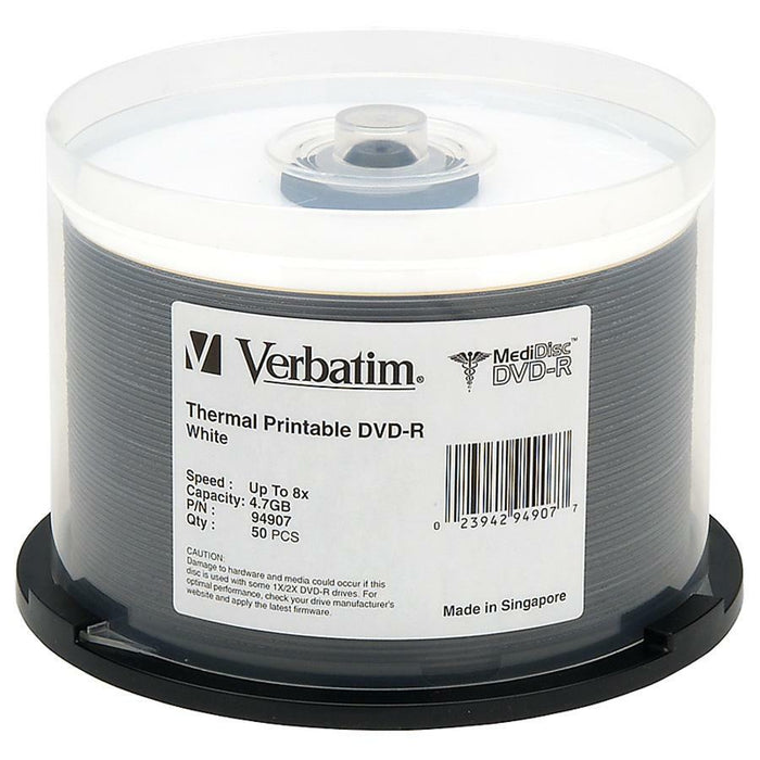 Verbatim MediDisc DVD-R 4.7GB 8X White Thermal Printable with Branded Hub - 50pk Spindle
