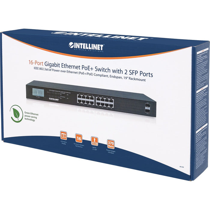 Intellinet 16-Port Gigabit Ethernet PoE+ Switch with 2 SFP Ports, LCD Display, IEEE 802.3at/af Power over Ethernet (PoE+/PoE) Compliant, 370 W, Endspan, 19" Rackmount (With C14 2 Pin Euro Power Cord)