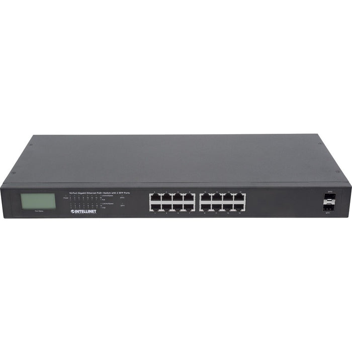 Intellinet 16-Port Gigabit Ethernet PoE+ Switch with 2 SFP Ports, LCD Display, IEEE 802.3at/af Power over Ethernet (PoE+/PoE) Compliant, 370 W, Endspan, 19" Rackmount (With C14 2 Pin Euro Power Cord)