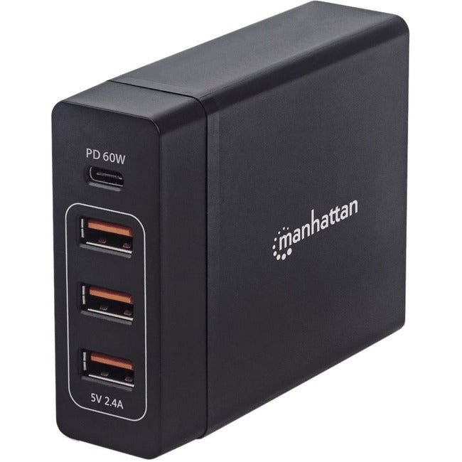 Manhattan Charging Station, 1x USB-C and 3x USB-A Ports, USB-C Output: 1x 60W / 3A, USB-A Outputs: 3x 2.4A, Cable 1m, Black, Boxed (Power Cable: Euro 2-pin plug to C7 figure-of-8 connector)