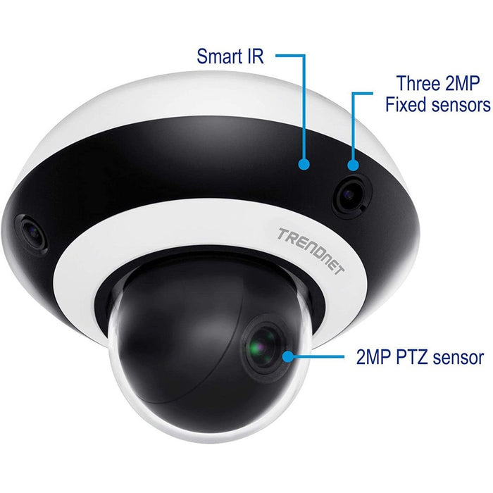 TRENDnet Multi-Sensor H.265 1080P PoE+ PTZ Camera, 1X 2MP Ptz Camera (2.8-12mm Optical Zoom), 3X 2MP Fixed Cameras (2mm), 360&deg; Video Coverage, IR Night Vision Up to 10M (33 ft.), TV-IP460PI