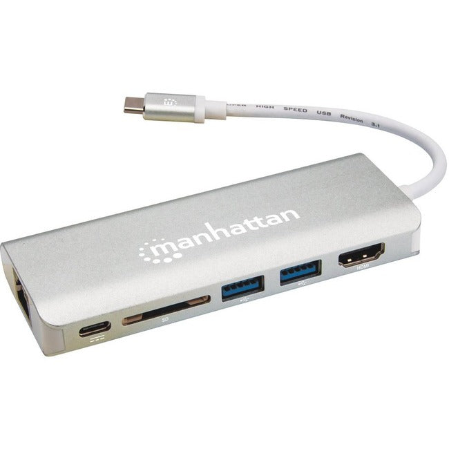Manhattan USB-C Dock-Hub with Card Reader, Ports (x5): Ethernet, HDMI, USB-A (x2) and USB-C, With Power Delivery to USB-C Port (60W), Cable 13cm, Aluminium, Grey, Three Year Warranty, Retail Box