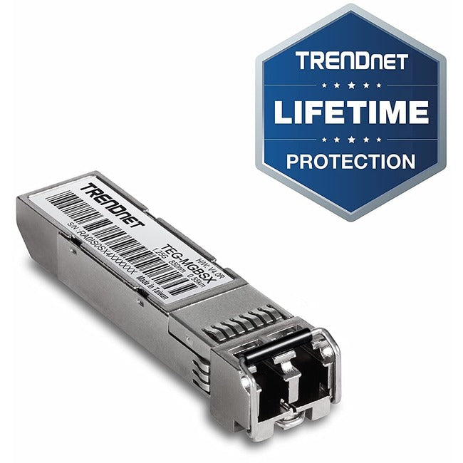 TRENDnet SFP Multi-Mode LC Module, Up To 550m (1800 Ft), Mini-GBIC, Hot Pluggable, IEEE 802.3z Gigabit Ethernet, Supports Up To 1.25 Gbps, Lifetime Protection, Silver, TEG-MGBSX