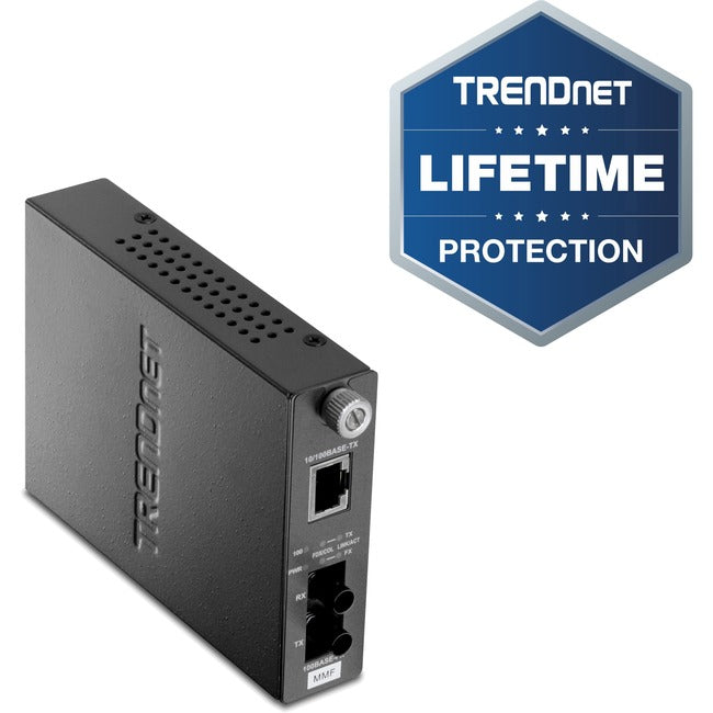 TRENDnet 100Base-TX to 100Base-FX Multi Mode ST Fiber Media Converter, 2km (1.2 Miles), Auto-Negotiation, Auto-MDIX, Full-Duplex, Fiber to Ethernet Converter, Lifetime Protection, Black, TFC-110MST