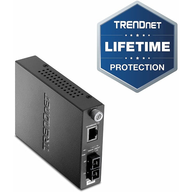 TRENDnet 100Base-TX to 100Base-FX Single Mode SC Fiber Media Converter (15 Km - 9.3 Miles);TFC-110S15; Auto-Negotiation; Auto-MDIX; Full-Duplex Mode; Fiber to Ethernet Converter; Lifetime Protection