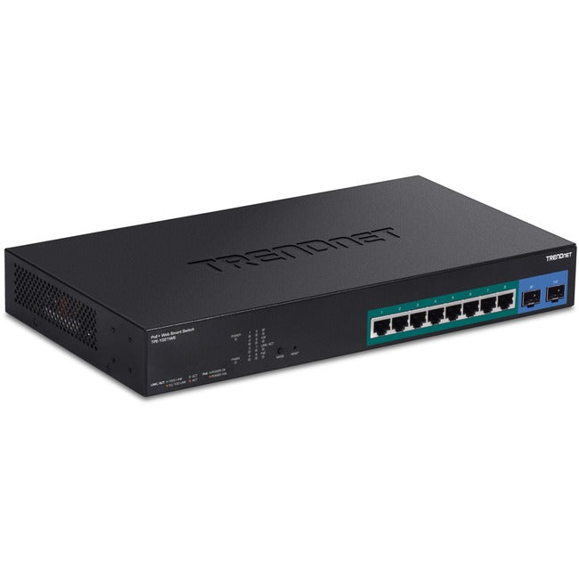 TRENDnet 10-Port Gigabit Web Smart PoE+ Switch with 8 Gigabit PoE+ Ports, 2 SFP Slots, 130W PoE Budget, VLAN, QoS, LACP, IPv4-IPv6 Static Routing, Black, TPE-1021WS