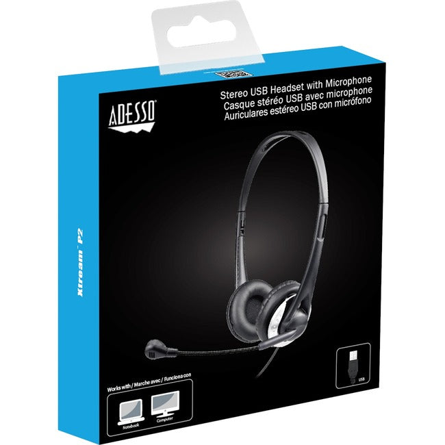 Adesso USB Stereo Headset with Adjustable Microphone- Noise Cancelling- Mono - USB - Wired - Over-the-head - 6 ft Cable -, Omni-directional Microphone - Black